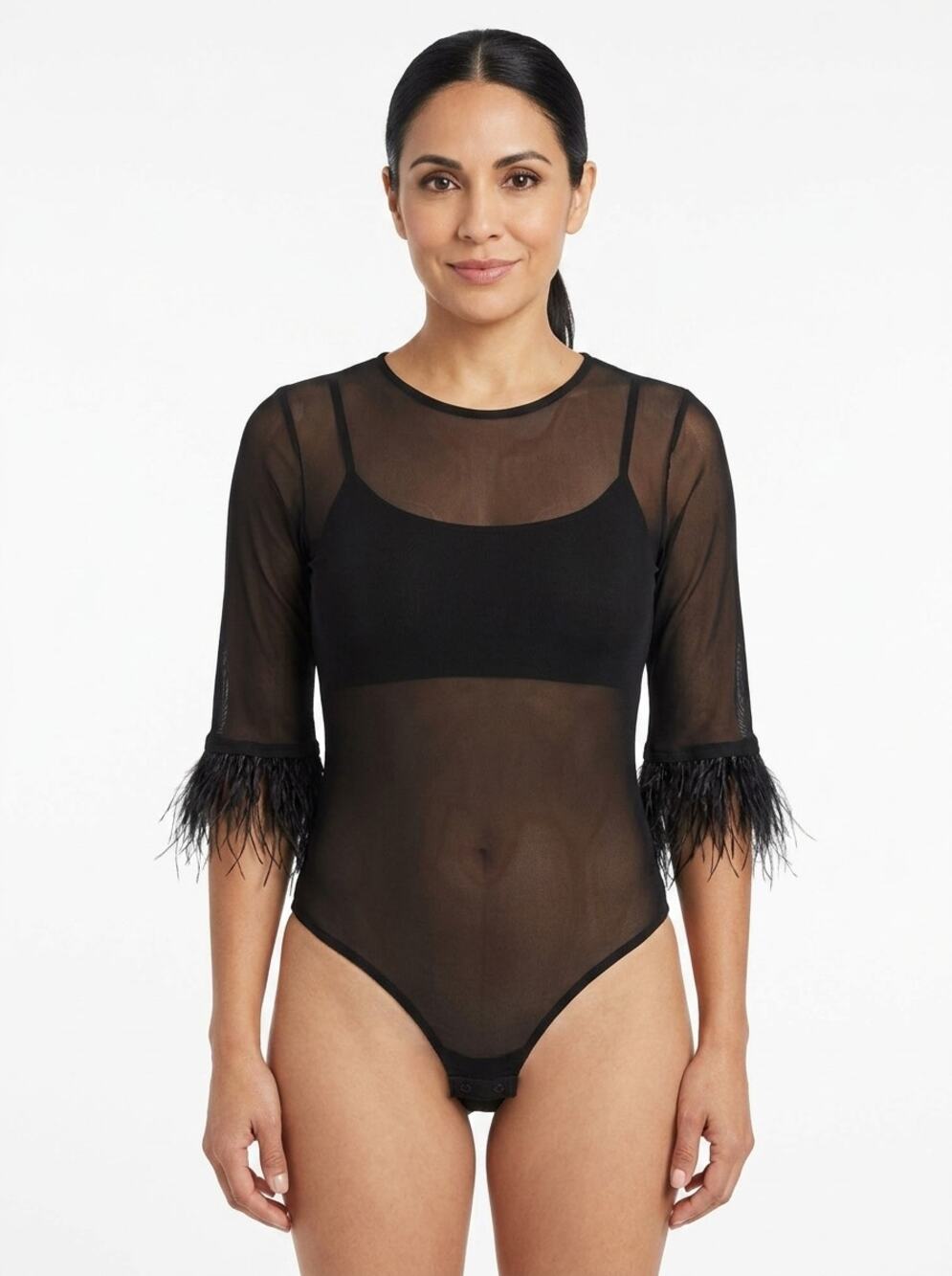 Zara Black Knit 3/4 Sleeve Fringe Stretch Bodysuit Women Size M